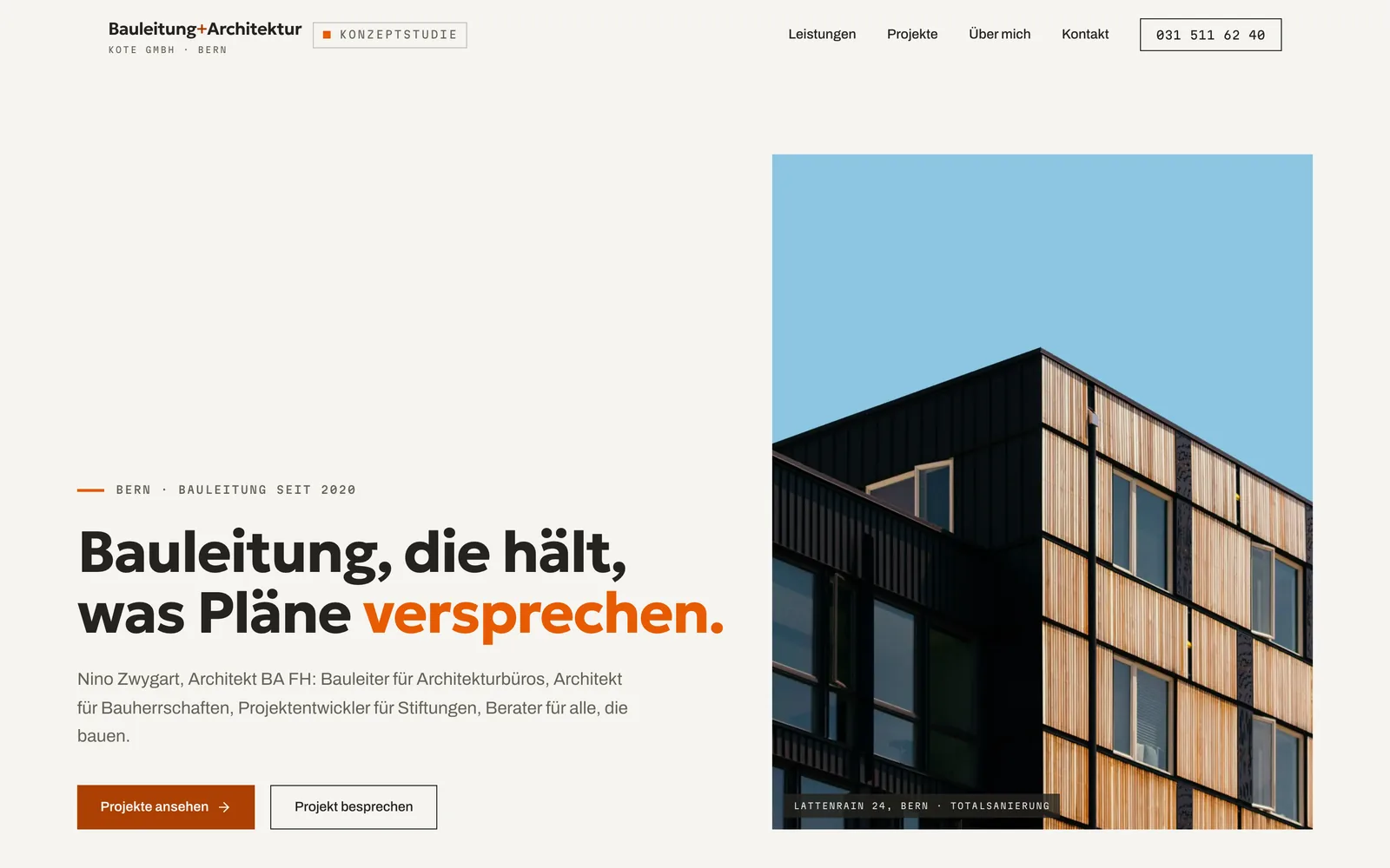 Screenshot of the home page: KOTE Bauleitung + Architektur