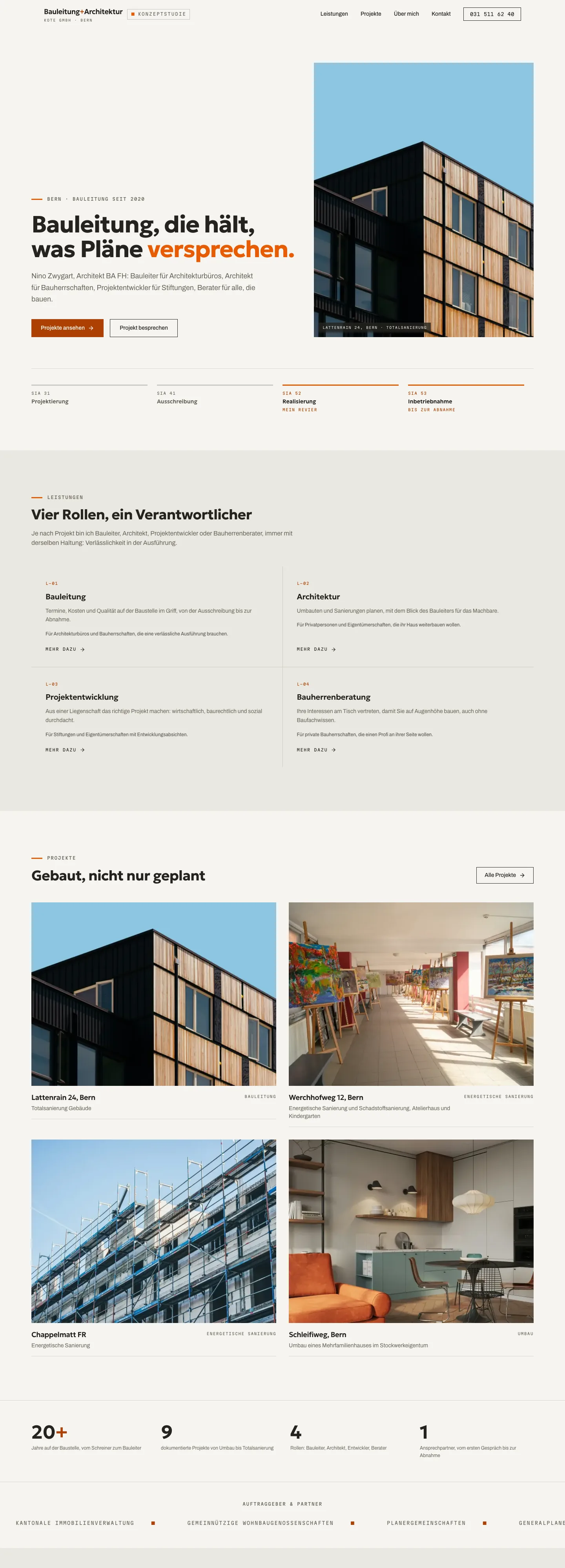 Screenshot of the home page: KOTE Bauleitung + Architektur