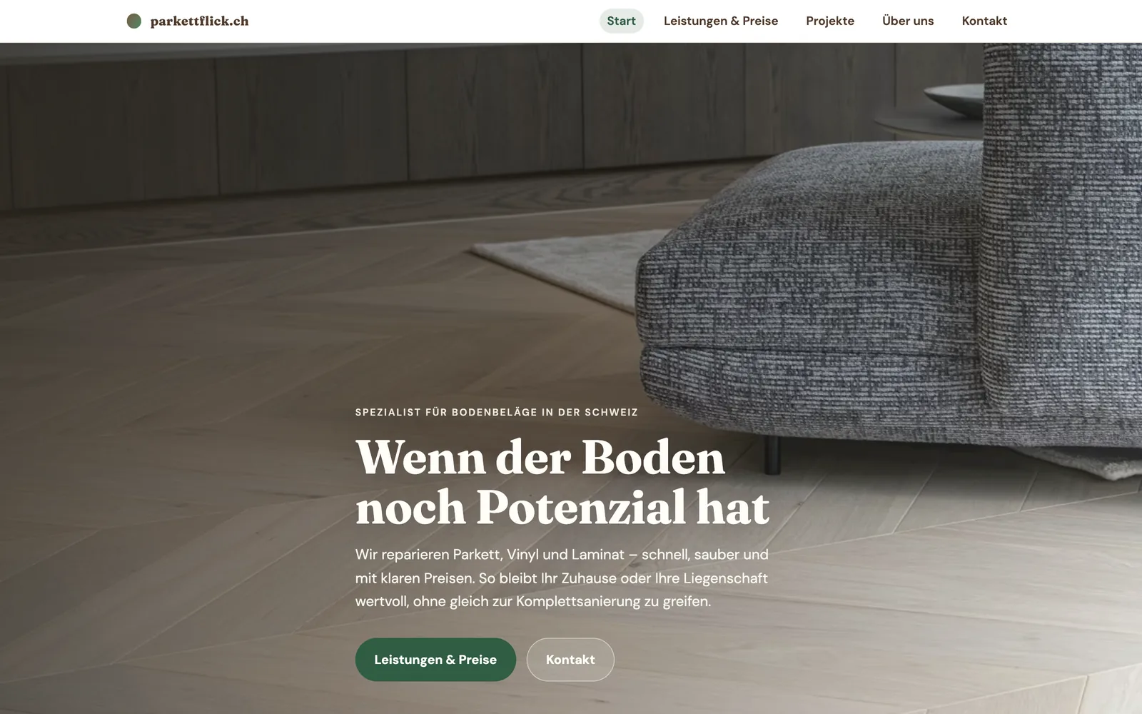 Screenshot of the home page: parkettflick.ch