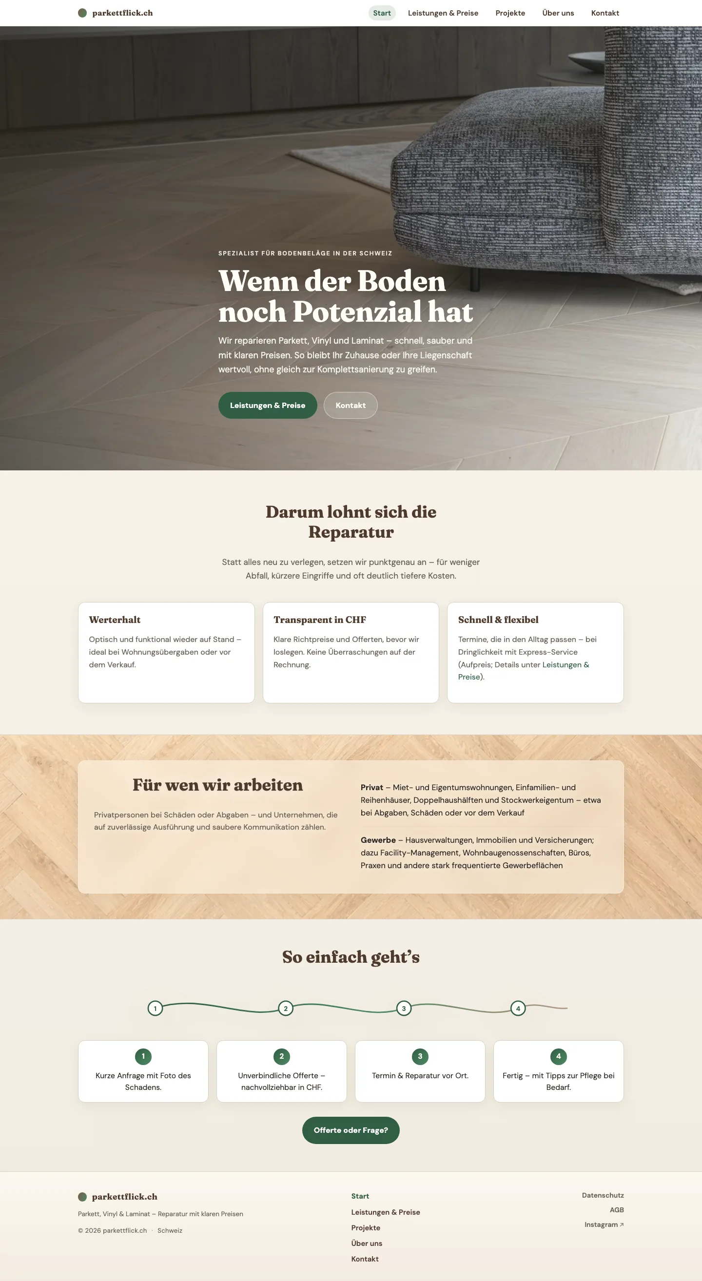 Screenshot of the home page: parkettflick.ch